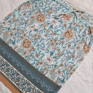 Esqualo Blue +Brown Floral Western Boho Coastal Knee High Adjustable Skirt Sz M